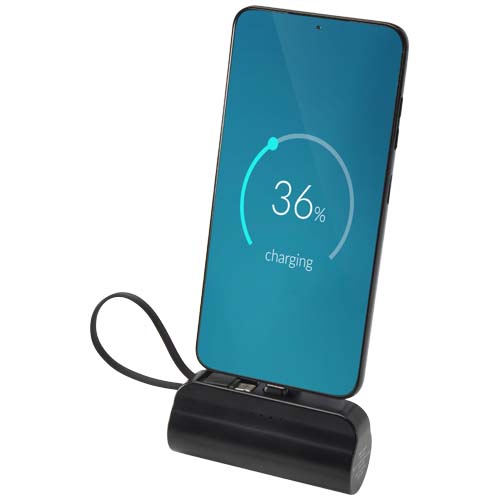 Power bank Tipo-C da 5.000 mAh e 10 W in plastica riciclata con supporto ribaltabile integrato e cavo 2 in 1 Alnair - 124472