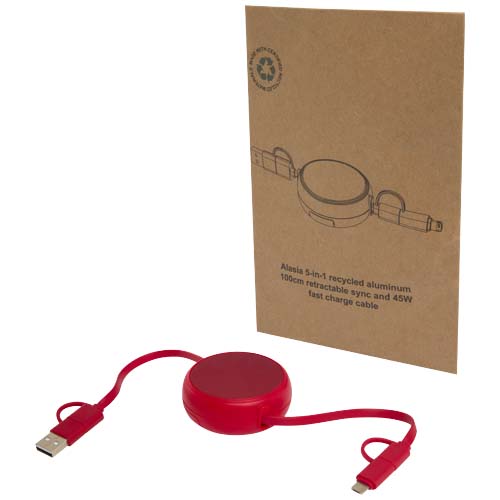 Cavo retrattile 5 in 1 da 100 cm in plastica riciclata e alluminio per la sincronizzazione dei dati e la ricarica rapida da 45 W Alasia - 124420